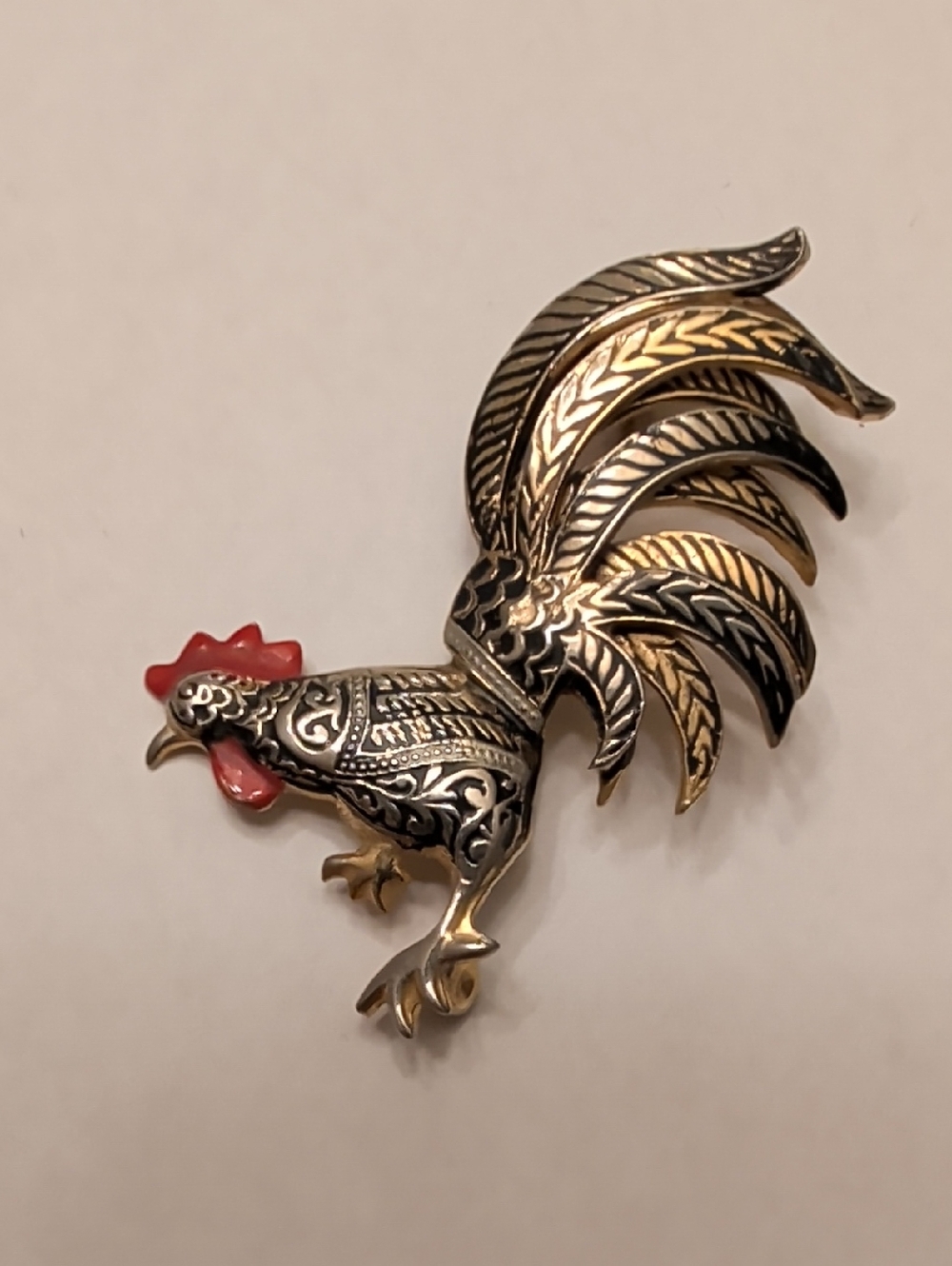 Vintage Gold and Black Rooster Brooch with Red Accent